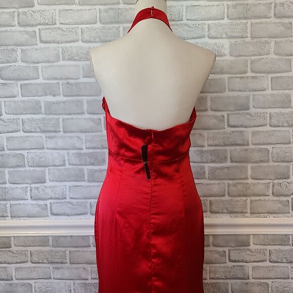 Red Satin Mermaid Rosette Halter Maxi Dress w/ Train Glam Party Dance NEW Medium - Picture 11 of 11